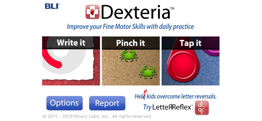 Dexteria - Fine Motor Skills - Dexteria fine motor skills app main menu with exercise categories and progress report