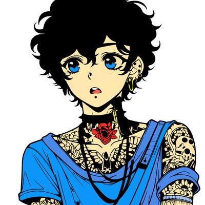 teen anime boy with curly hair  goth shirt lots of tattos and piercings