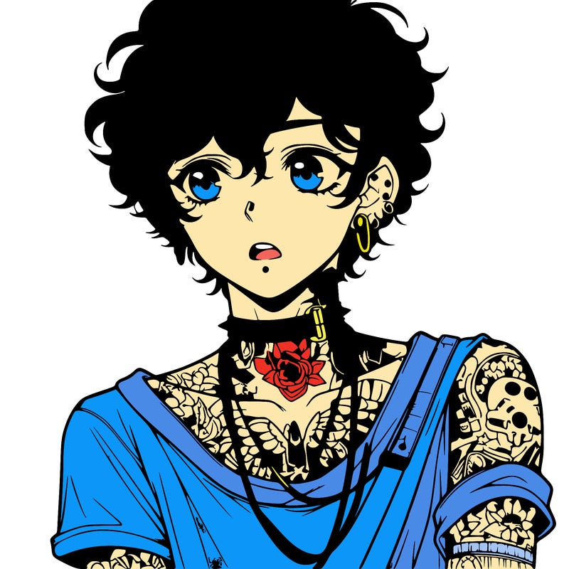 teen anime boy with curly hair  goth shirt lots of tattos and piercings