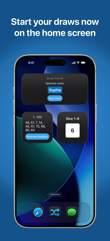iPhone home screen showing Random Generator Premium widgets for name draws random numbers and dice rolls