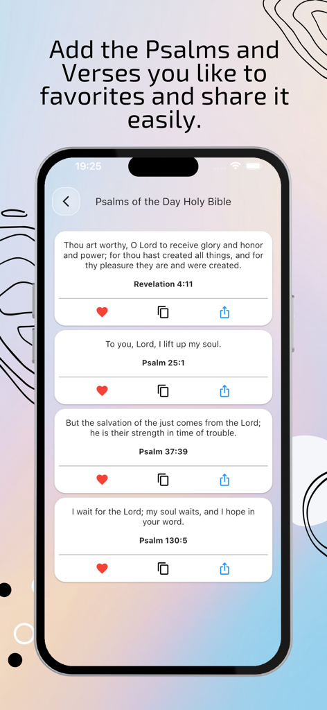 Psalms of the Day Holy Bible - Interface of the Psalms of the Day app showing a list of favorite Bible verses with options to save and share.