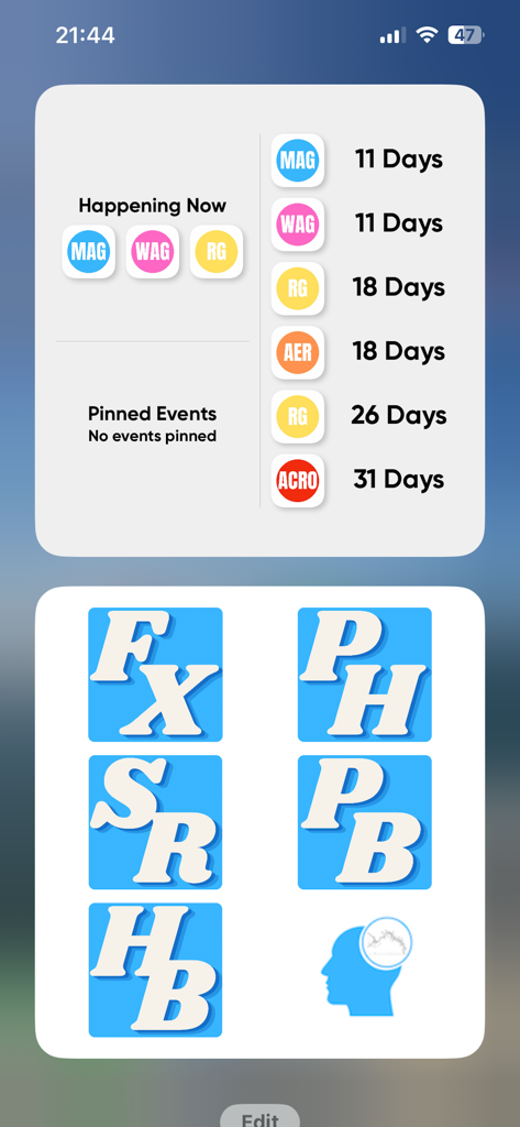 MAG CoP Study (2025-28) - Home screen widgets for MAG gymnastics study app showing event countdowns and apparatus icons.