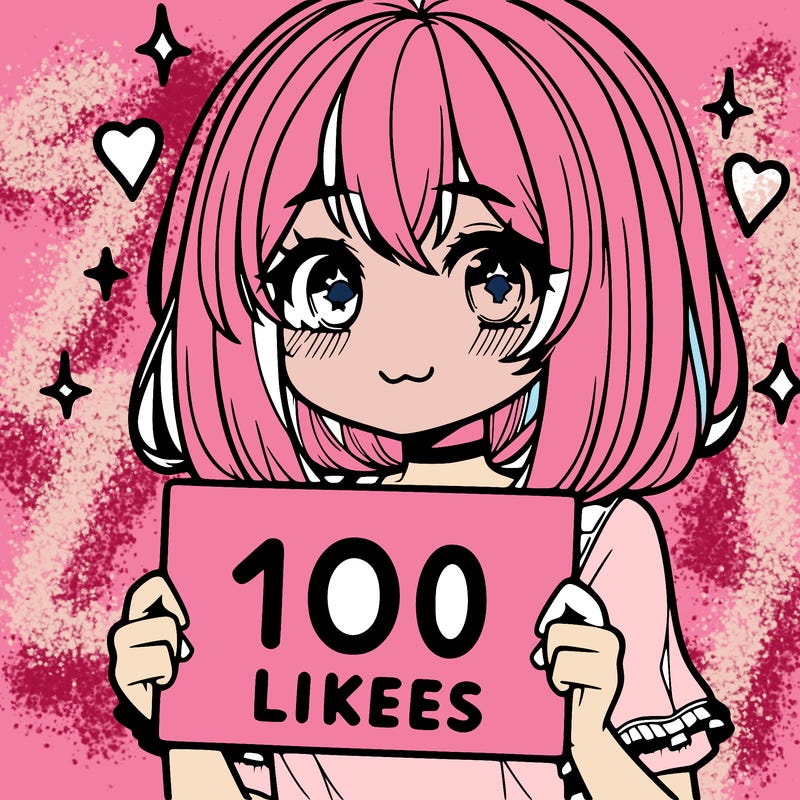anima girl holding a 100 likes sign in her hand