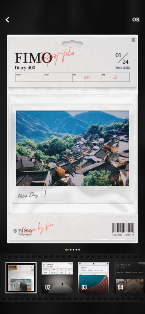 FIMO analog camera app interface showing the Diary 400 film preset