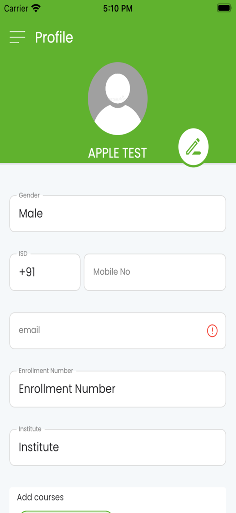 Pantalla de perfil de usuario de la aplicación Concurso de Matemáticas Pangea mostrando campos de información de inscripción y contacto.