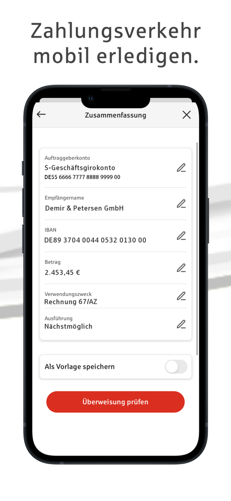Sparkasse Business - Mobile interface of Sparkasse Business app showing a detailed business bank transfer summary