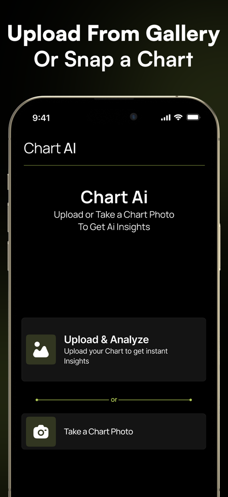 TradeGPT app screen showing options to upload or take a photo of a trading chart for AI insights.
