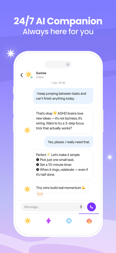 ADHD Coach & Planner - Sunrise - Screenshot dell'app Sunrise che mostra una conversazione in chat con un compagno AI 24/7 che fornisce consigli sulla produttività per l'ADHD.