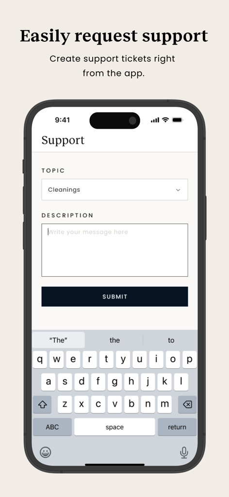 Ukio app support screen for requesting apartment services and creating support tickets.