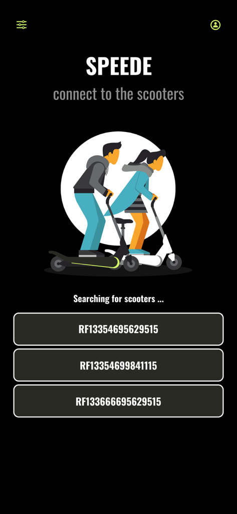 Pantalla de la aplicación Speede Scooters buscando y listando patinetes eléctricos cercanos para conectarse.