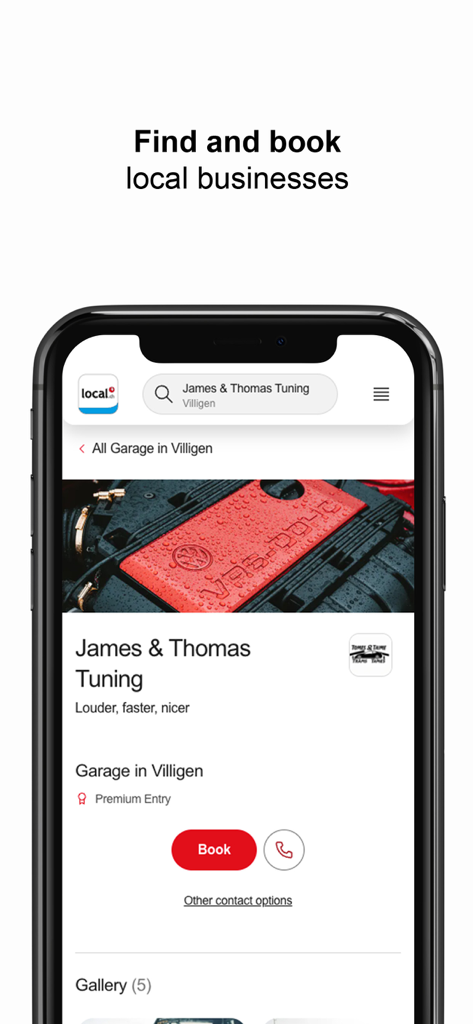 Mobile app interface for local.ch showing a local business listing with a red booking button.