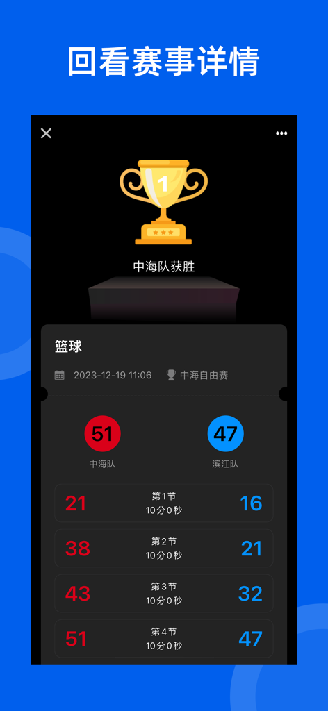 篮球比赛总结屏幕，显示智讯计分器应用程序中的总比分和每节比赛的详细 breakdown。