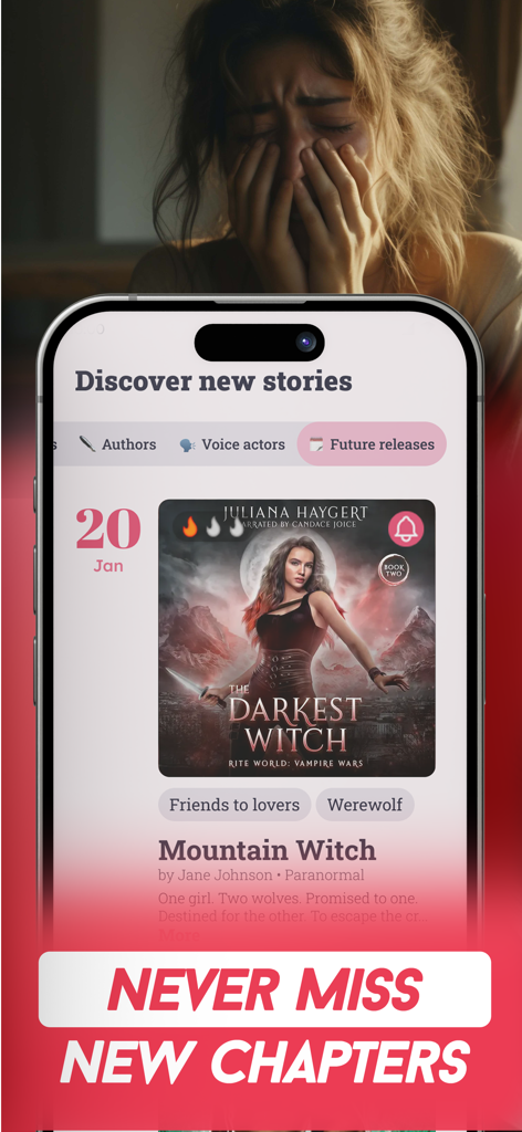 Lovella: Novels & Audiobooks - Lovella app interface showing future story releases and notifications for new chapters