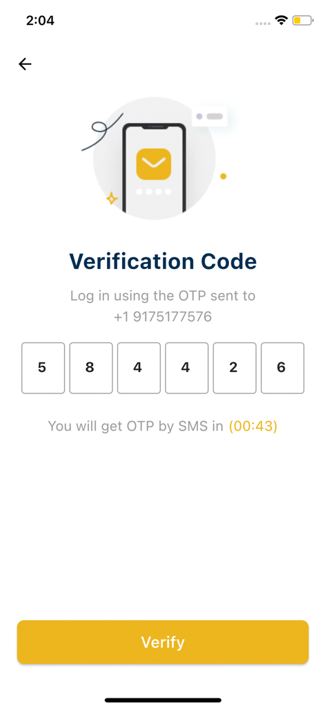 Ormuta mobile app verification screen showing a six digit OTP code entry and verify button