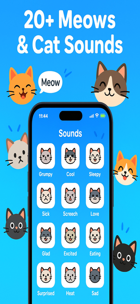 Human to Cat Translator - Meow - A mobile interface for the Human to Cat Translator app showing various cat meow sound effects like grumpy, cool, and sleepy with cute feline icons.