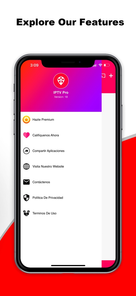 IPTV Pro Play List M3U - Pantalla de iPhone del menú lateral de la aplicación IPTV Pro con opciones premium y de contacto en español