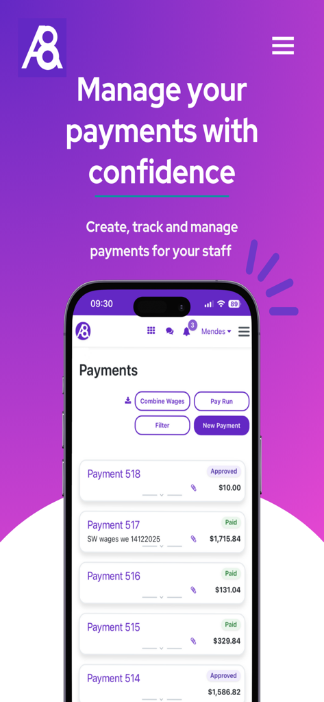Ability8 - Ability8 mobile app dashboard for managing and tracking staff payments