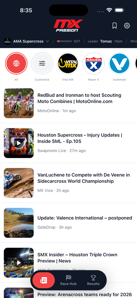 MX Passion - Pantalla de inicio de la aplicación MX Passion que muestra un feed de noticias personalizado de motocross y supercross