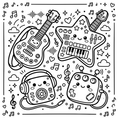 Get ready to rock out with these absolutely adorable Kawaii Guitar Synthesizers! This charming coloring page brings music and cuteness together, perfect for any coloring enthusiast.