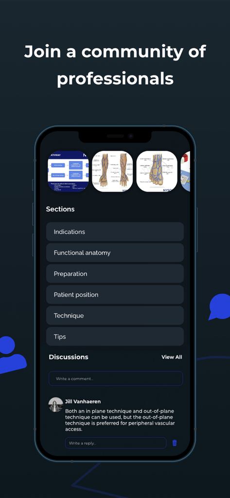 Point of Care Ultrasound - Tela do aplicativo NYSORA POCUS mostrando discussões da comunidade profissional e seções de educação médica