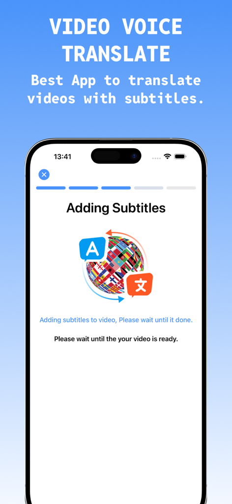 Video Translator with subtitle - Uno schermo di smartphone dall'app Video Translator che mostra il processo automatizzato di aggiunta di sottotitoli con un'icona di bandiera globale.