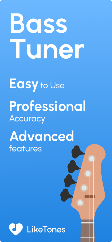 Bass Tuner - LikeTones - Graphique promotionnel de l'application Bass Tuner LikeTones mettant en avant la précision professionnelle et les fonctionnalités avancées pour guitaristes basses.