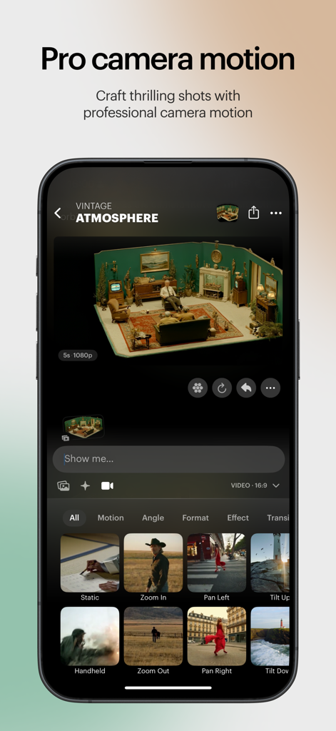 Interfaccia dell'app Luma Dream Machine che mostra controlli di movimento della telecamera professionali e generazione video