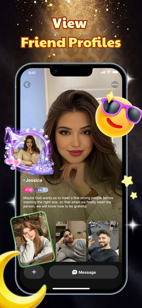 Interface de profil d'un utilisateur sur l'application Soulsky présentant le profil d'un ami avec des photos, une biographie et un bouton de message