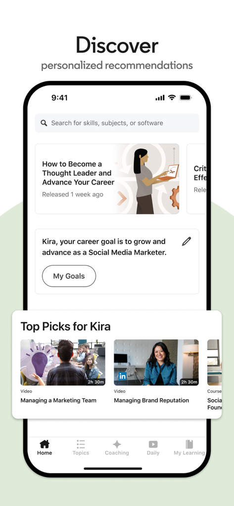 LinkedIn Learning - Aplicación LinkedIn Learning que muestra recomendaciones de cursos personalizadas para el avance profesional