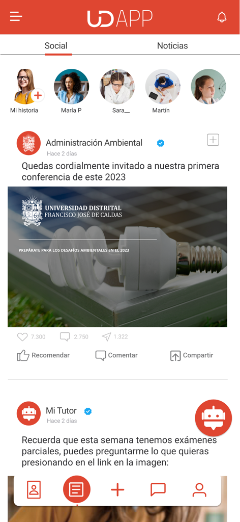Interface de feed social e de notícias do U Distrital App mostrando postagens da universidade e histórias de estudantes.