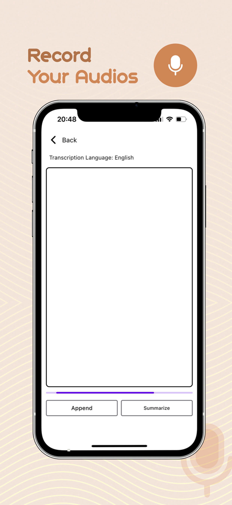 Uma tela de celular exibindo a interface do aplicativo Notely Voice para gravação e transcrição de áudio.