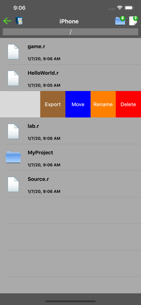 R Programming Compiler - File management screen in the R Programming Compiler app showing a list of R script files