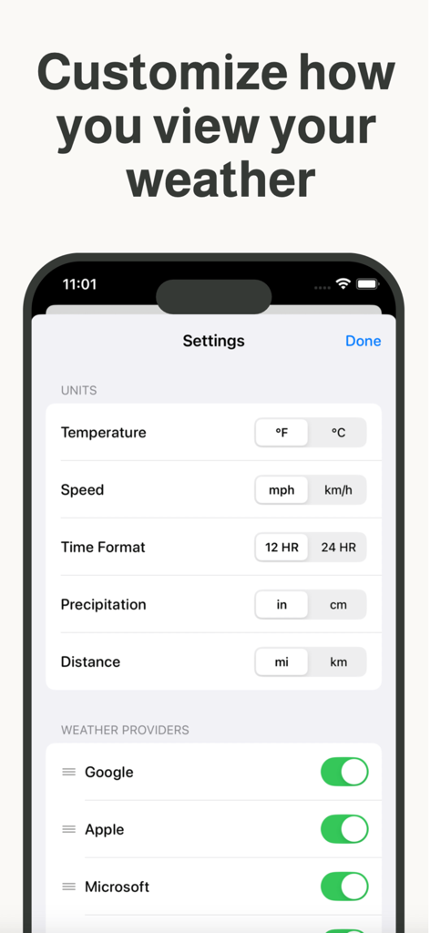 Weather Dialアプリの設定画面。測定単位のカスタマイズと、Google や Apple などの天気プロバイダーの選択。
