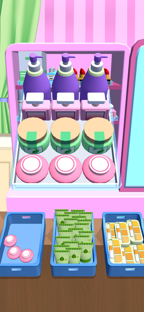 Gameplay screenshot of Fill Up Fridge showing skincare and beauty products neatly organized in a pink refrigerator