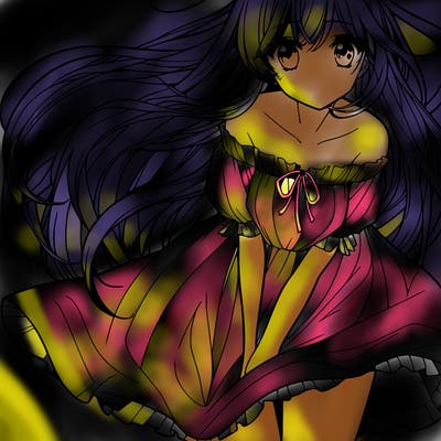 manga girl with long flowing hair and a dress that is pushed down