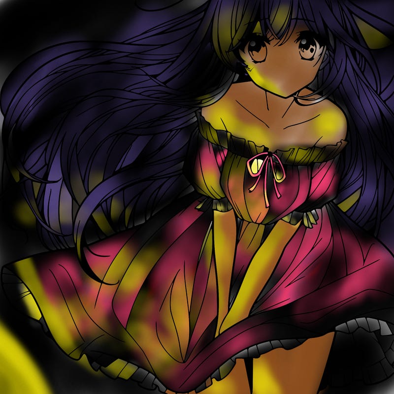 manga girl with long flowing hair and a dress that is pushed down