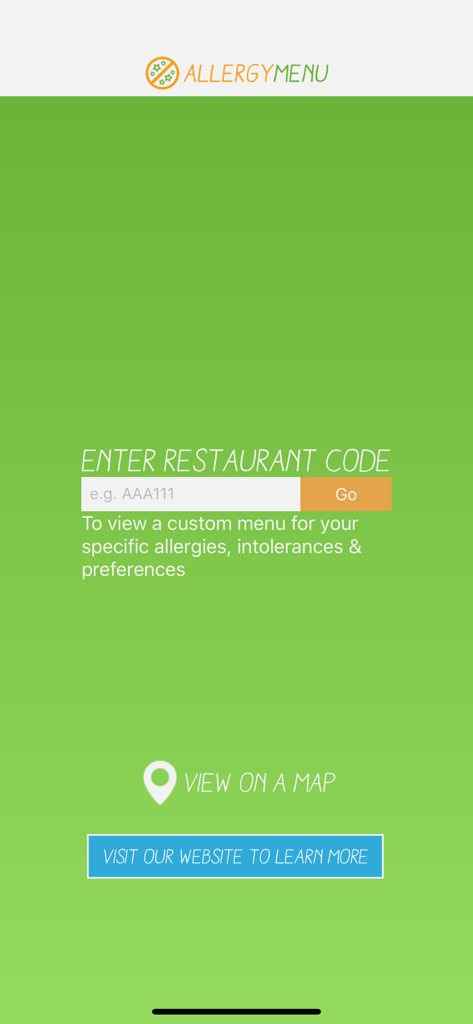 Ecrã da aplicação Menu de Alergias para inserir um código de restaurante para aceder a menus personalizados e seguros para alergias.