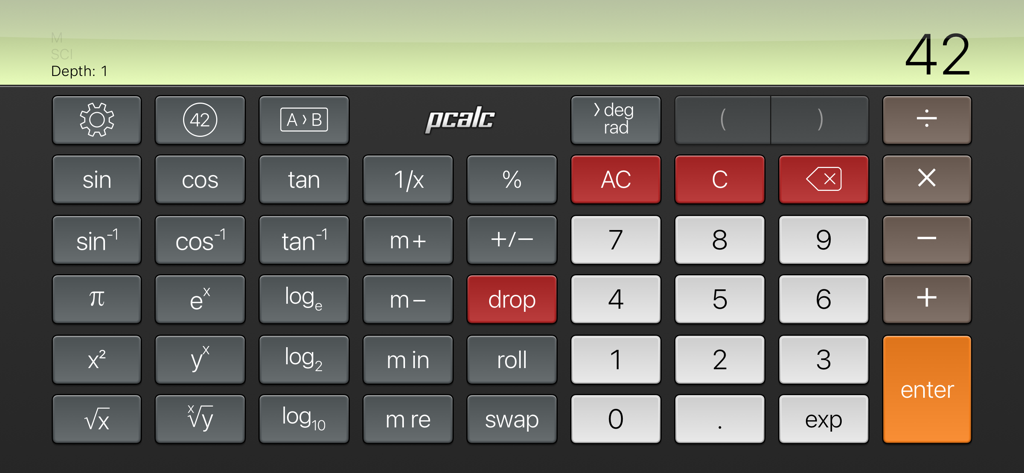 PCalc Lite - PCalc Lite app interface showing a scientific calculator with RPN mode and advanced math functions.
