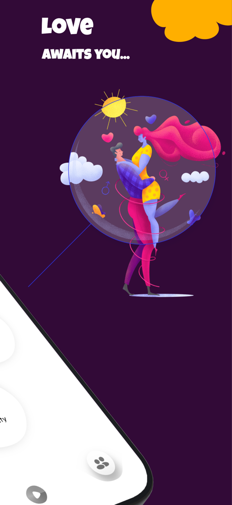 Introductory screen of the Olosho dating app featuring a colorful illustration of a couple and the text Love awaits you.