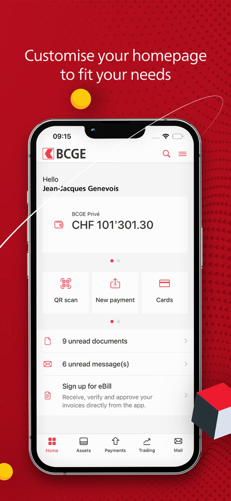 BCGE Mobile Netbanking app home screen showing a customizable dashboard with account balance and financial tools