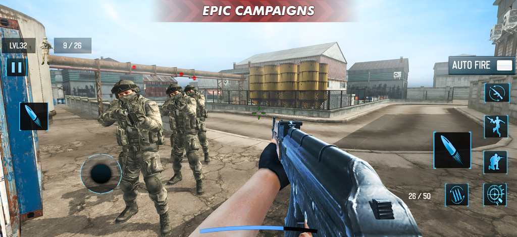 FPS Shooting Strike Game - First person shooter perspective of a commando holding an assault rifle in an industrial warzone with enemy soldiers.
