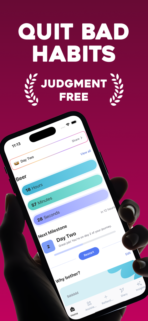 Breaking bad Habits: Quit Now - Mobile app screen showing a judgment free sobriety timer for beer addiction tracking