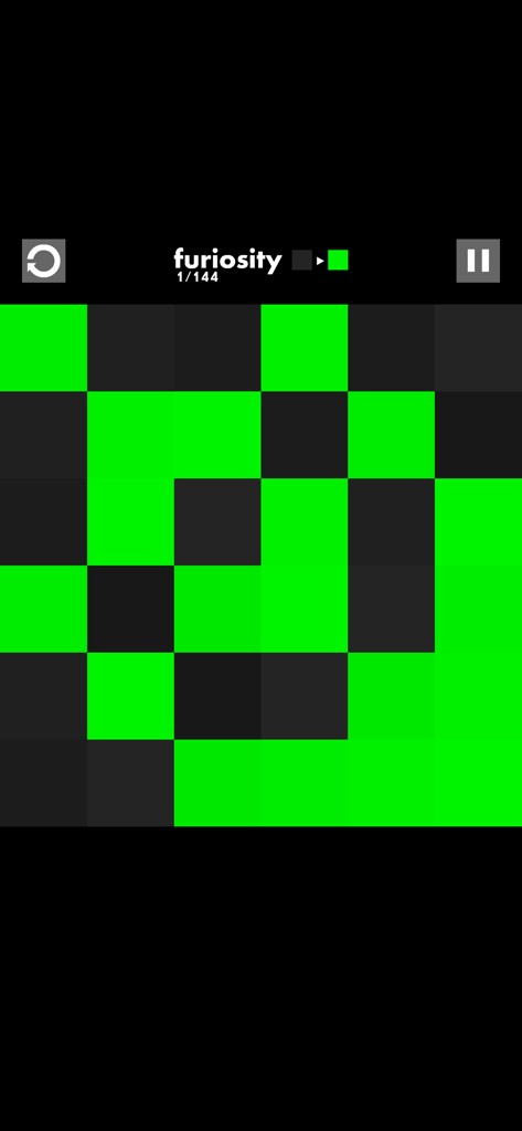 Gameplay screenshot of Furiosity showing a minimalist black and green logic puzzle grid