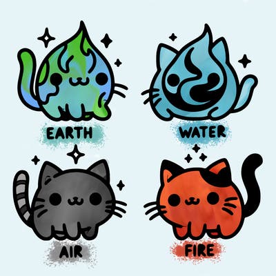 4 cats that represent the different elements, earth, water, air, and fire