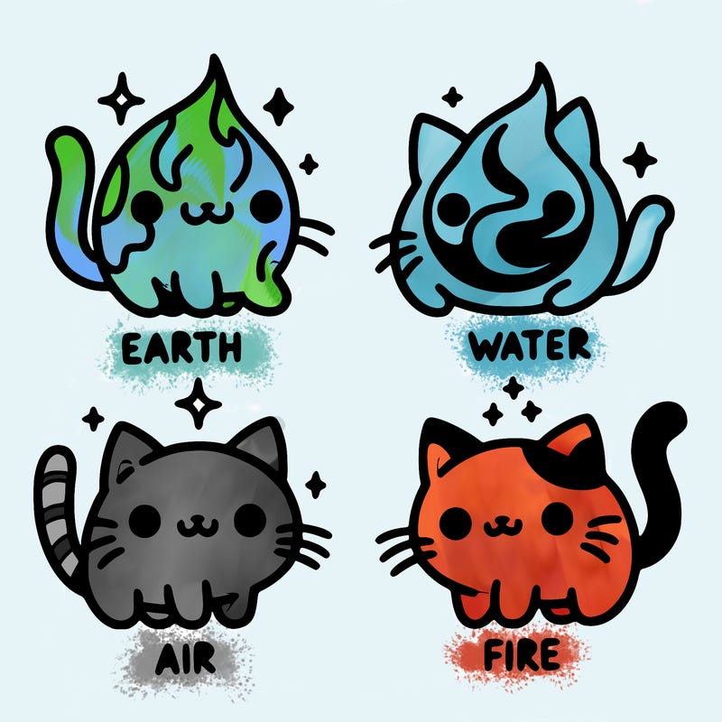 4 cats that represent the different elements, earth, water, air, and fire