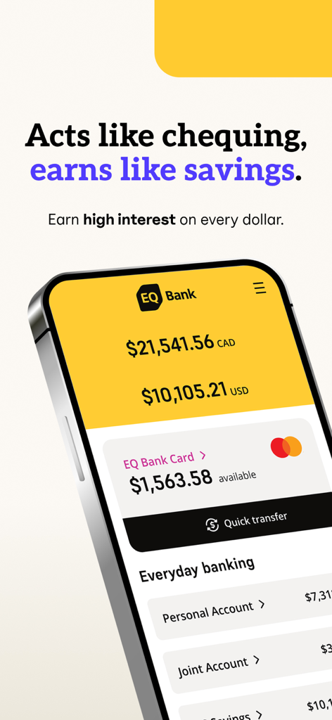 EQ Bank Mobile Banking - EQ Bank mobile app dashboard showing CAD and USD account balances on a smartphone screen