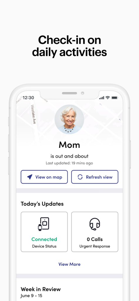 Lively Link - Lively Link app interface showing a seniors daily activity status and device connection for family caregivers
