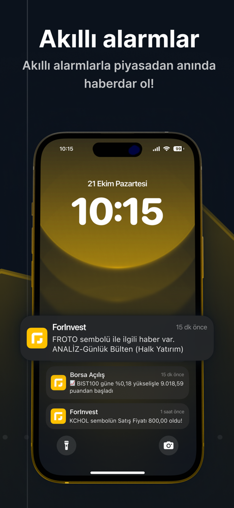 ForInvest: Piyasa Analizi - ForInvest mobile app smart alerts showing stock market push notifications on an iPhone