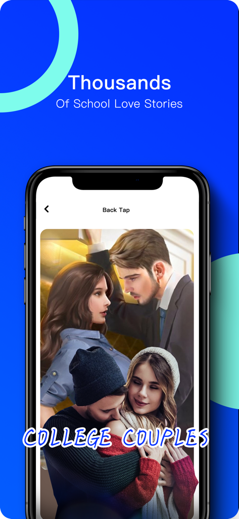 Dolphin Reader - Smartphone screen of Dolphin Reader app featuring illustrations of college couples and school love stories