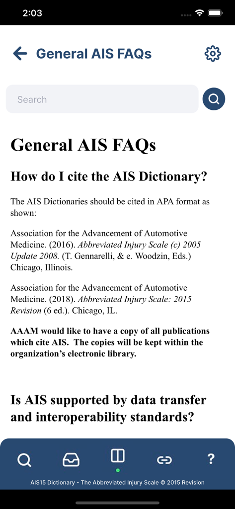 AIS Digital Dictionary - Screenshot of the General AIS FAQs section in the AIS Digital Dictionary app showing medical citation guidelines.